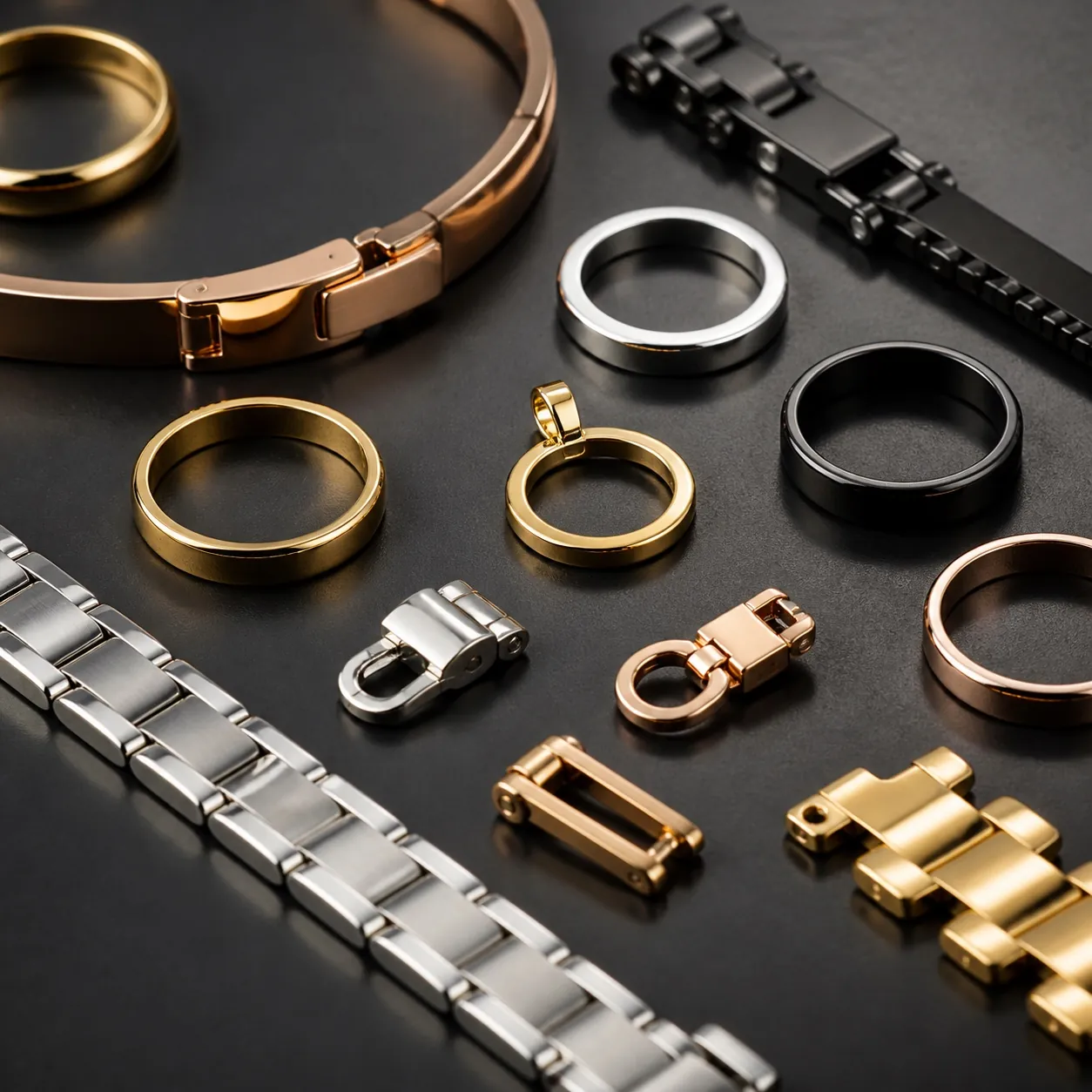Polished decorative metal components representing jewelry finishes
